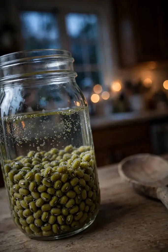 Mung beans soaking in water inside a glass mason jar