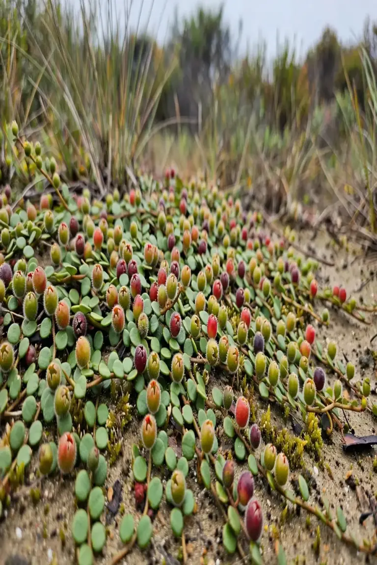 Muntries ground mat with small round berries tucked through dense low foliage