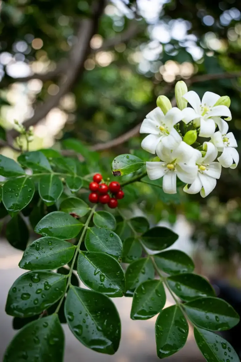 Murraya white flower clusters above glossy divided leaflets