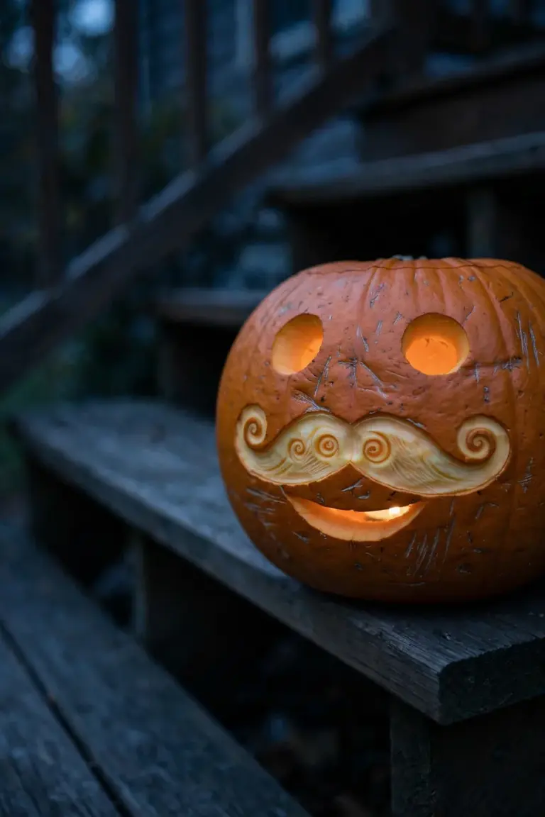 Carved pumpkin gentleman with calm eyes, a small polite smile and an etched curled mustache glowing pale