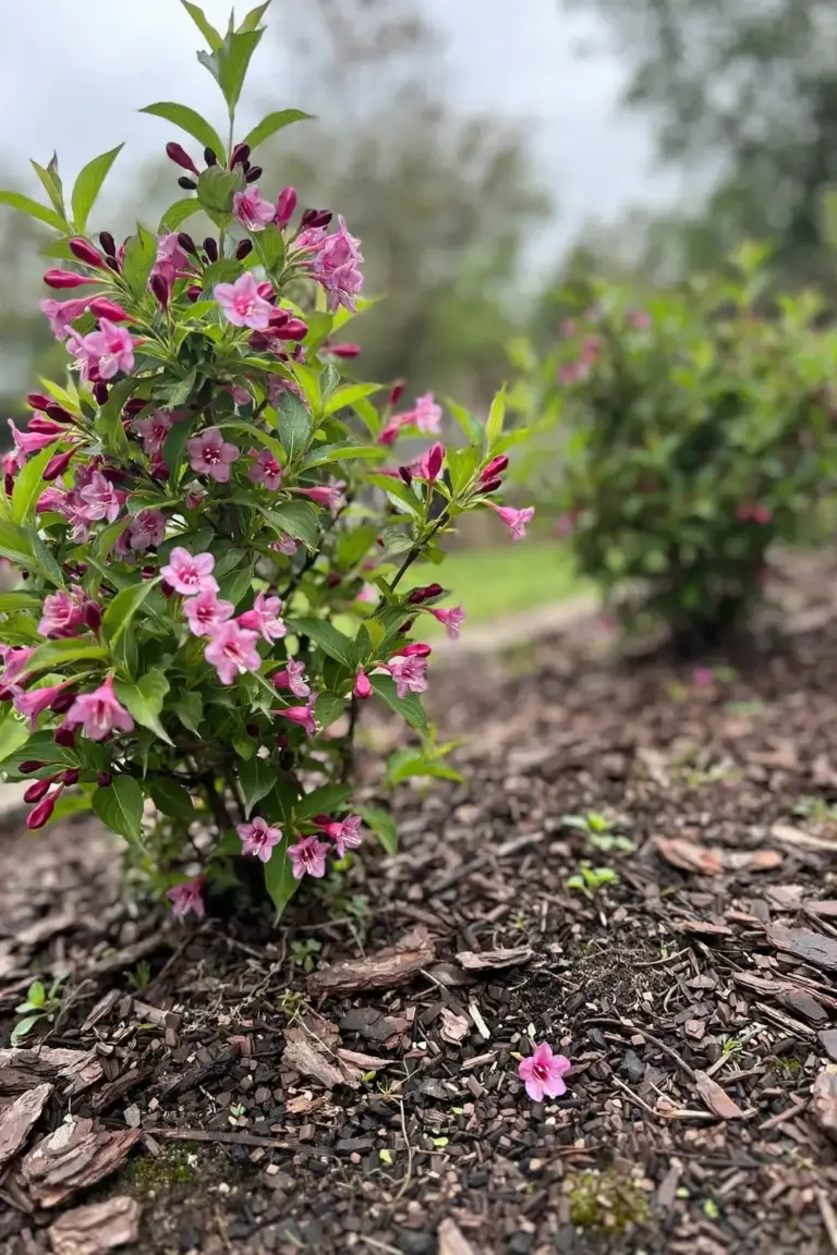 Named shrub in flower in a home garden bed