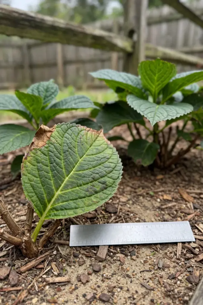 Named garden shrub with a ruler beside one leaf for scale in a garden bed