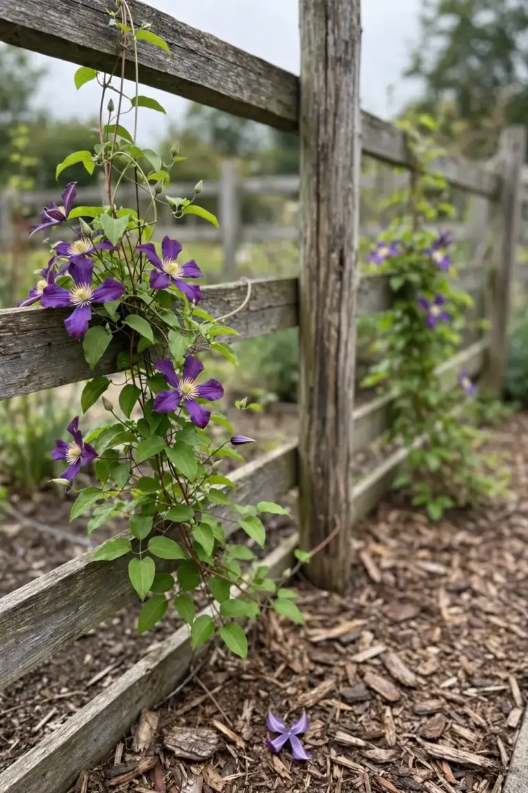 Named vine in flower on a home garden fence