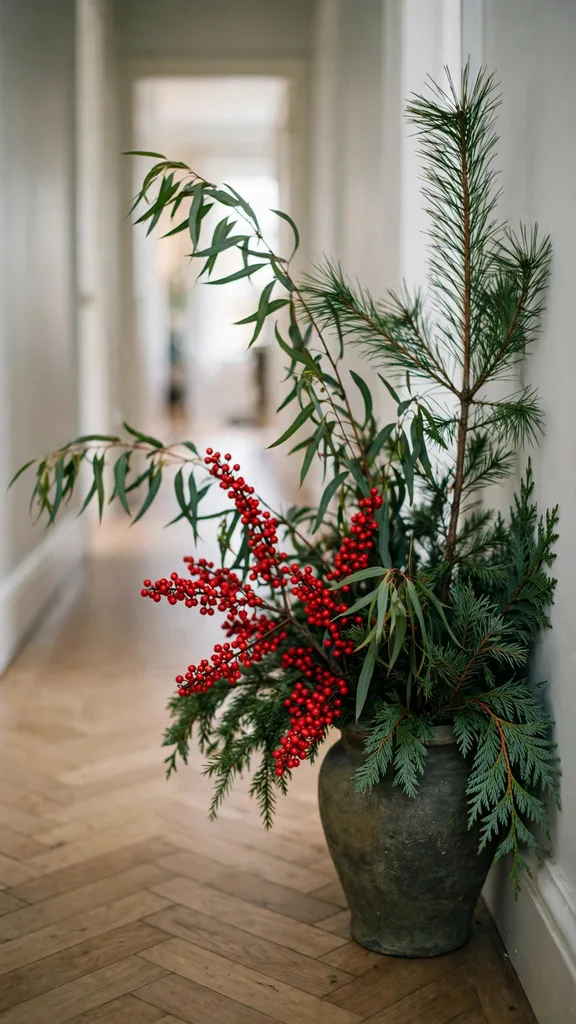 A one-sided Christmas urn with full foliage facing the walk in a narrow entry