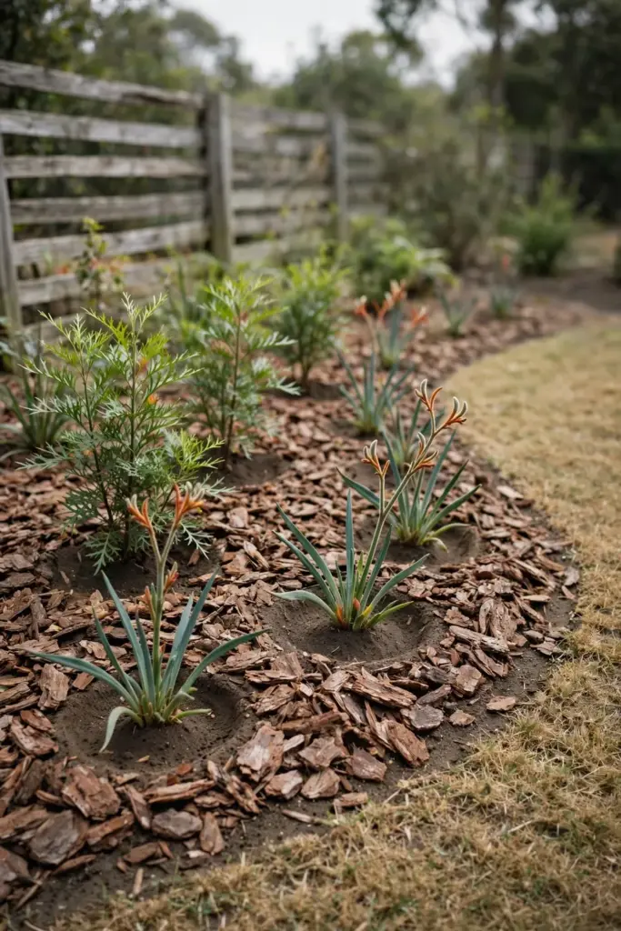 Native garden bed with coarse mulch, free-draining soil, and full sun