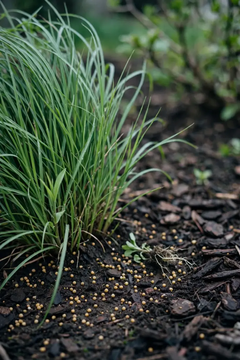Native pennisetum base with slow-release fertilizer granules on mulch