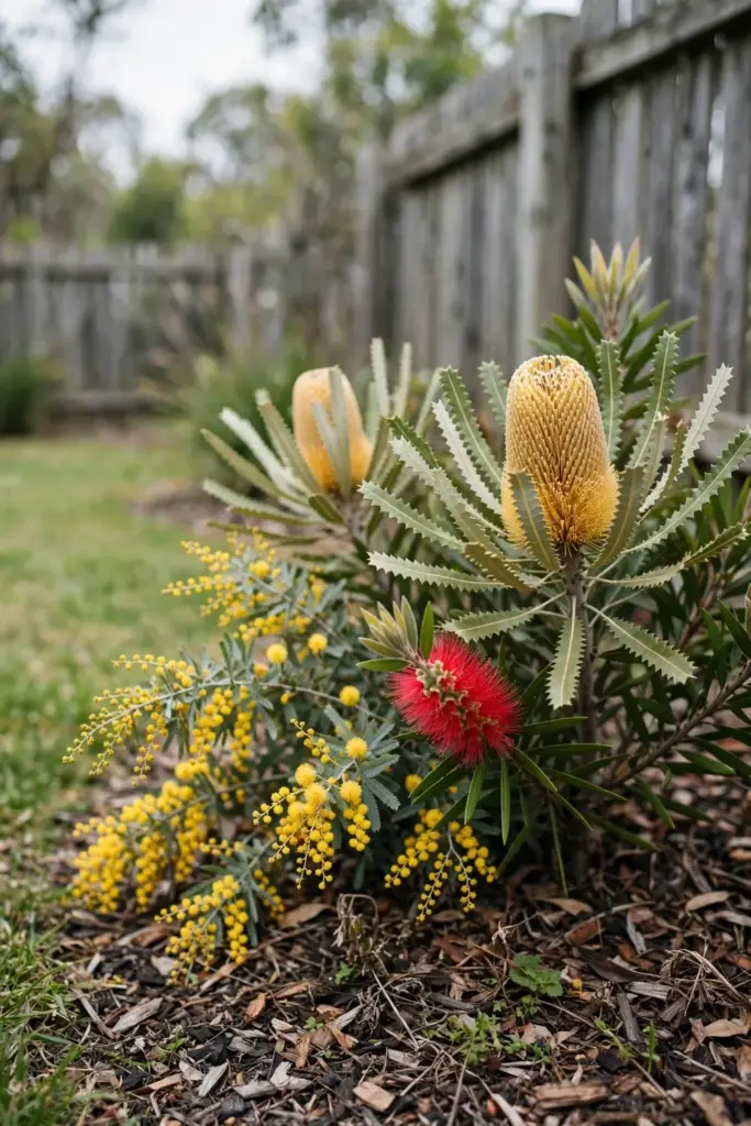 Banksia, bottlebrush, and wattle growing together in one bed