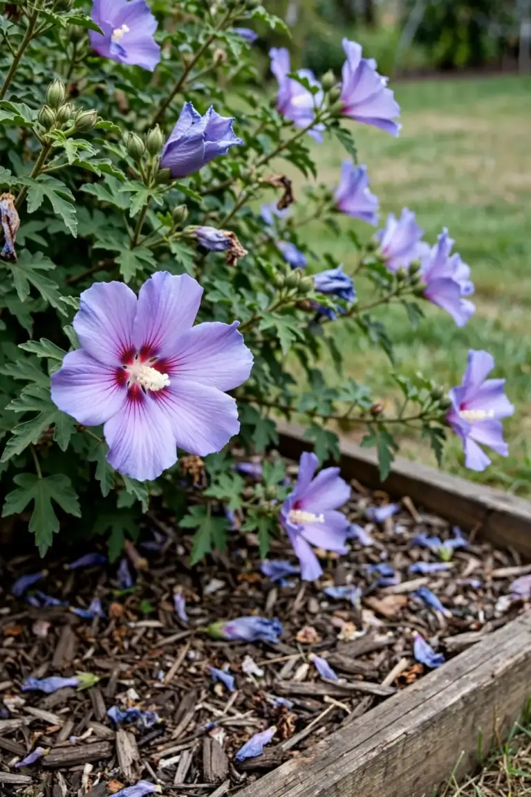 Alyogyne shrub in flower with lilac blooms in a sunny garden bed