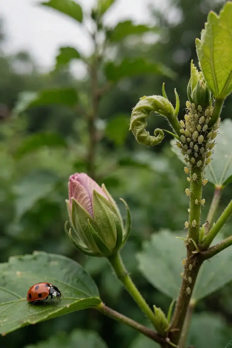 Aphid cluster on soft new hibiscus growth near a flower bud