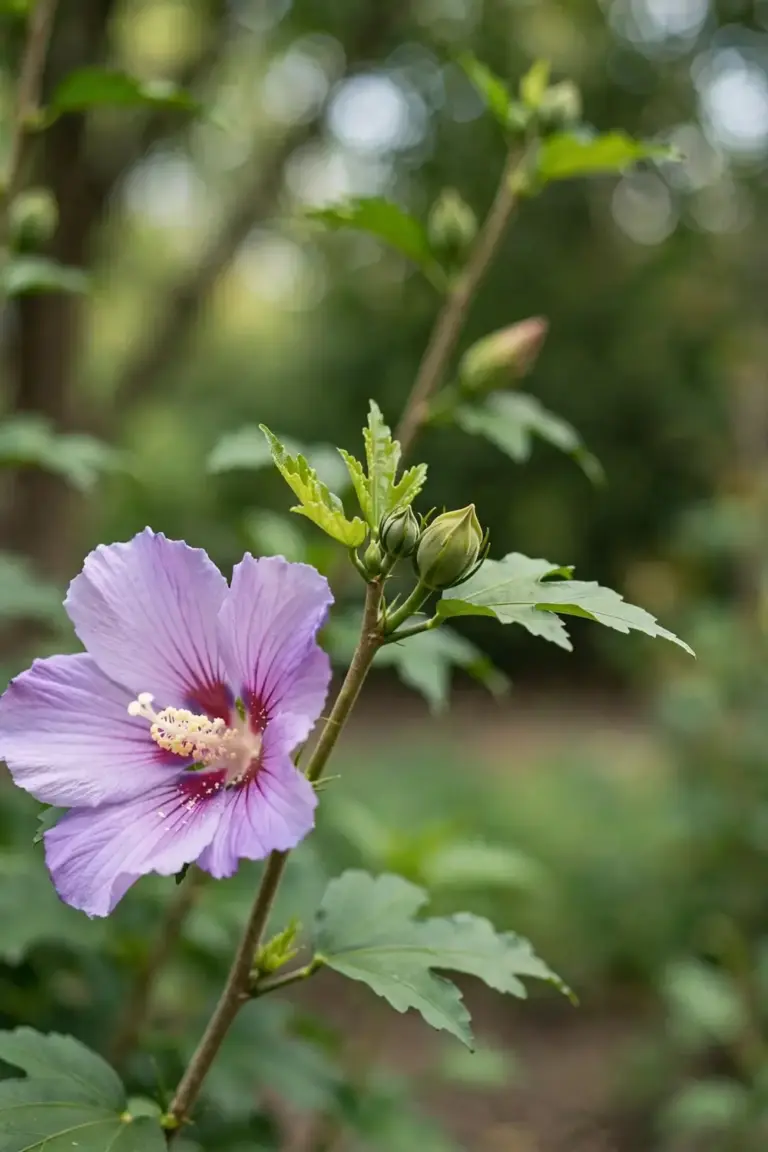 Hibiscus bud beside an open bloom on the same stem