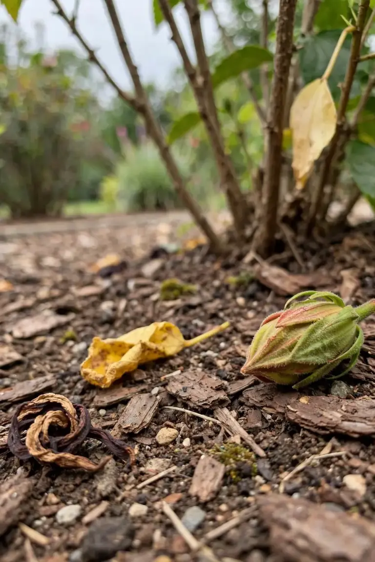 Fallen hibiscus bud on mulch beneath the shrub with yellowing leaves