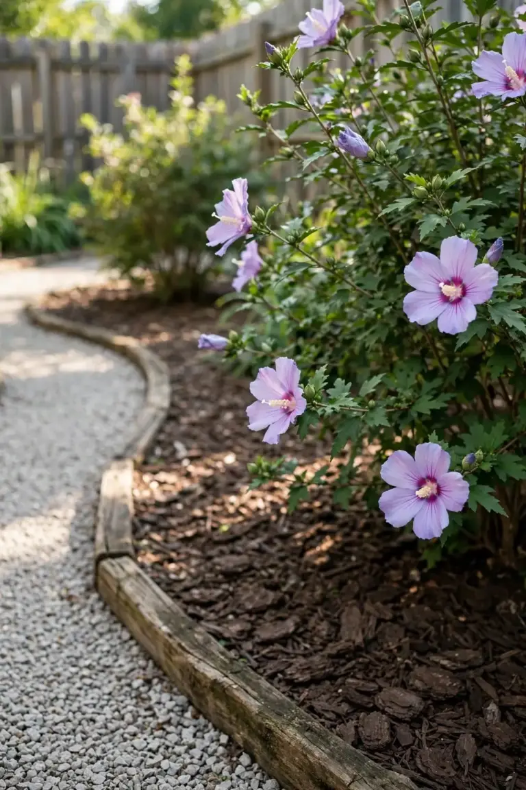 Garden bed with a flowering hibiscus shrub beside a path
