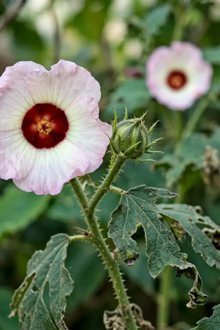 White-pink native rosella flower with deep red center on a prickly stem