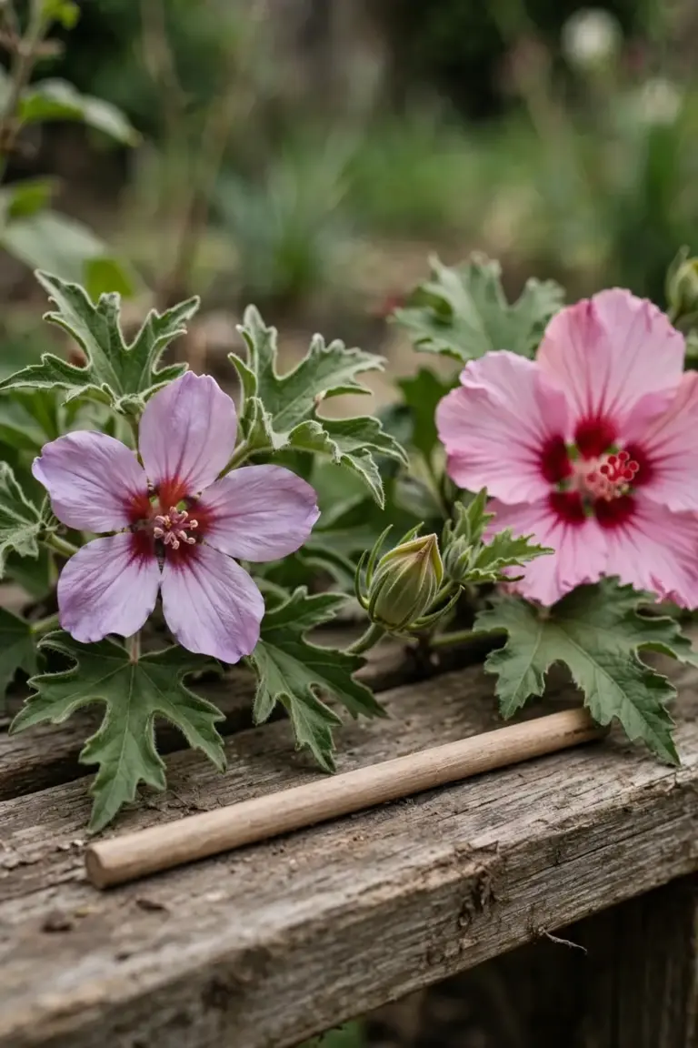 Lilac Alyogyne bloom beside a pink Hibiscus bloom on a bench