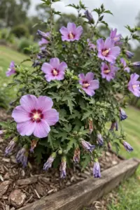 Native hibiscus shrub in full flower in an Australian garden bed