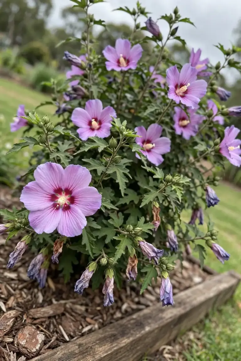 Native hibiscus shrub in full flower in an Australian garden bed