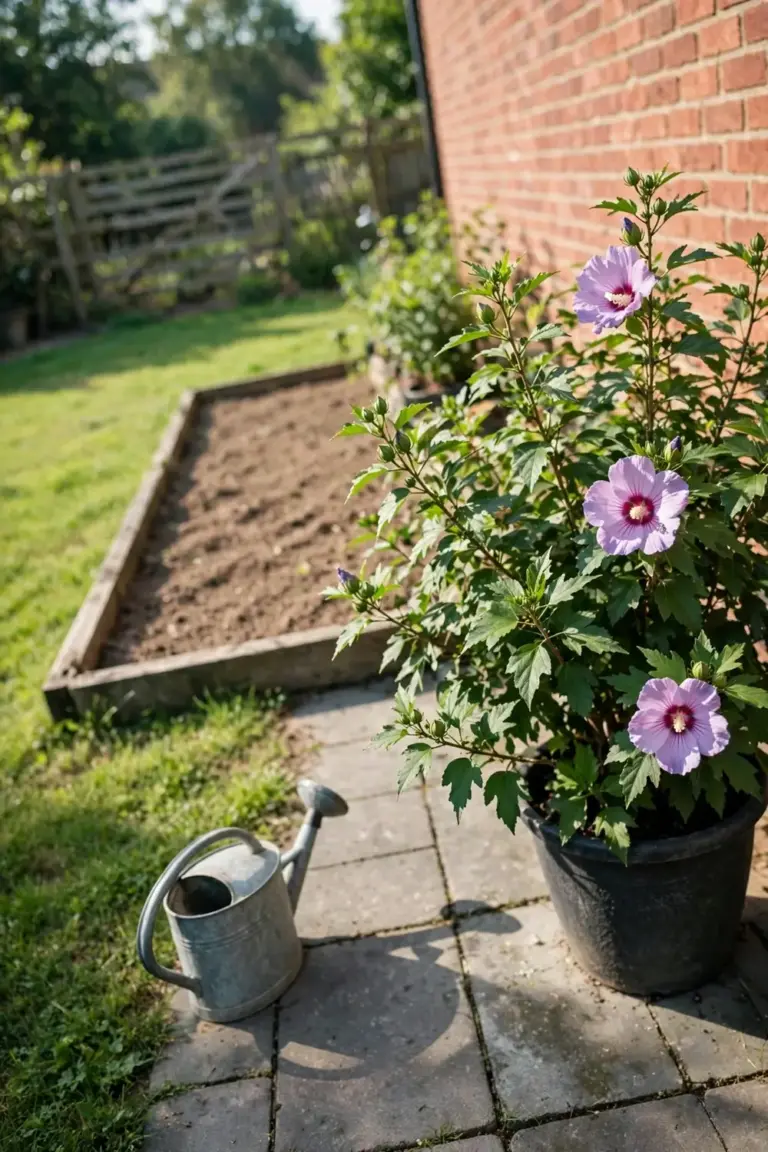 Potted hibiscus against a sheltered sunny wall with open space around it