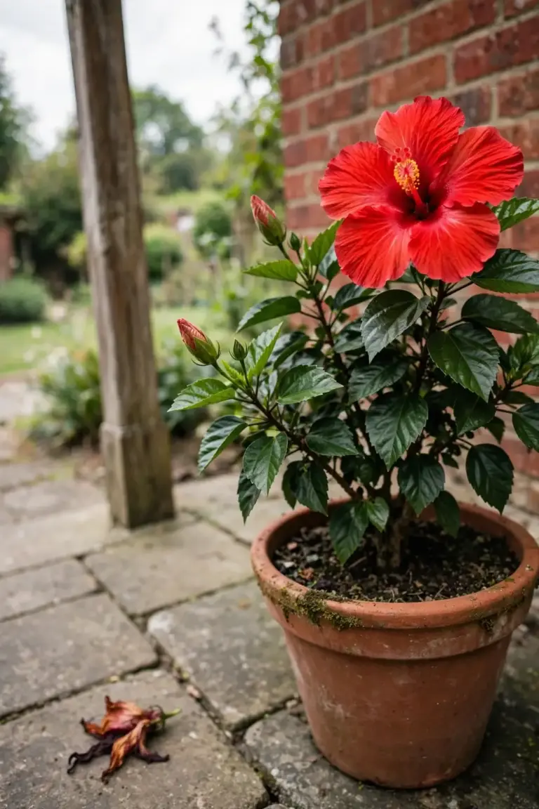 Red exotic hibiscus flower on a potted shrub beside a veranda