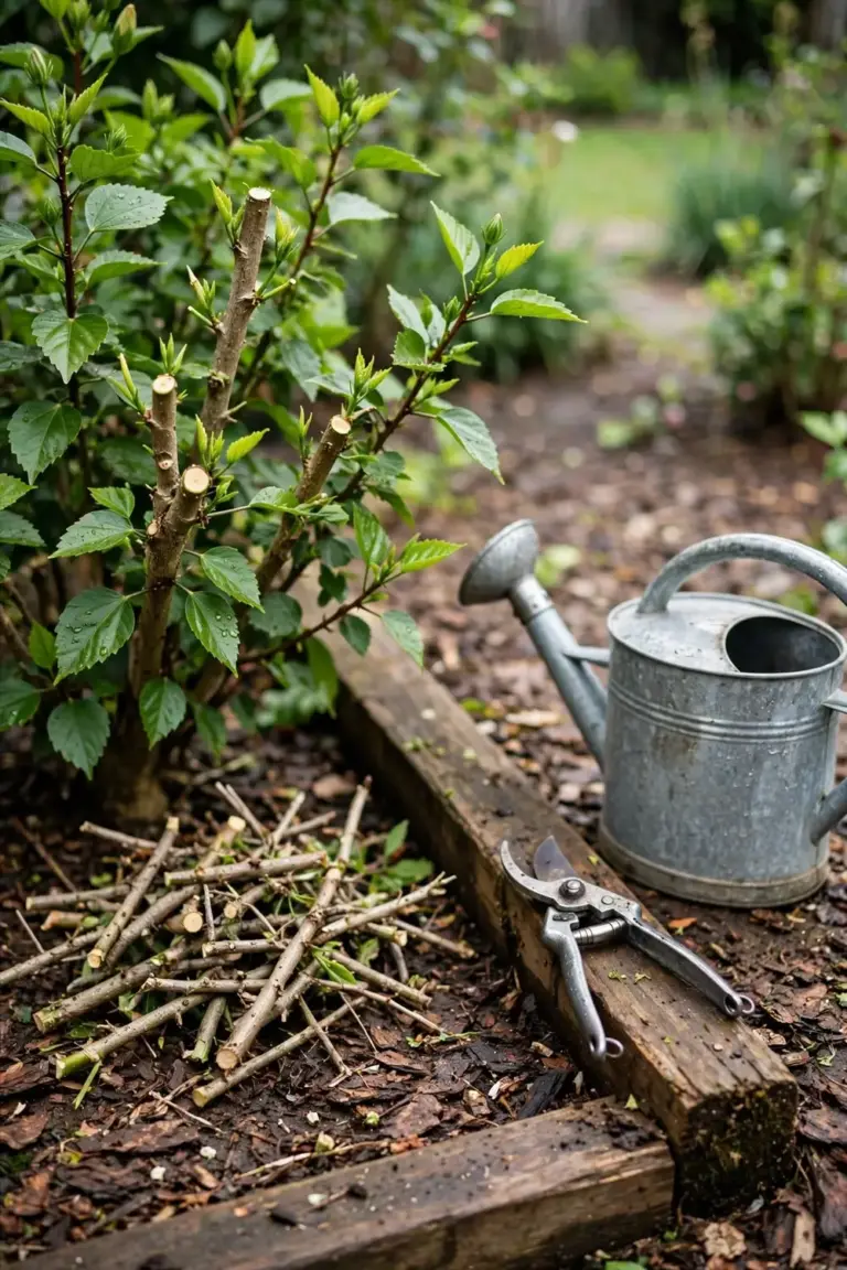 Watering can and pruning shears beside a hibiscus shrub after pruning
