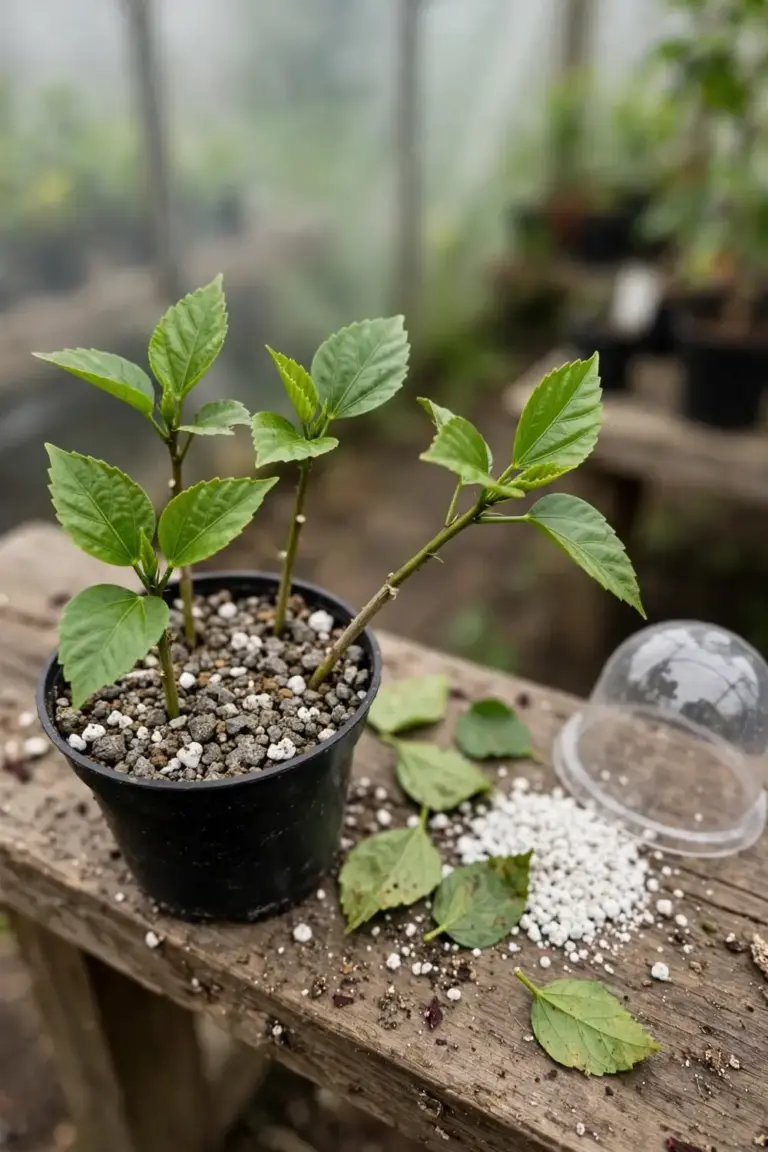 Hibiscus tip cuttings set into a pot of free-draining propagation mix