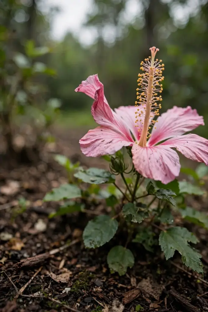 Native Hibiscus bloom with broad pink petals and a long staminal column