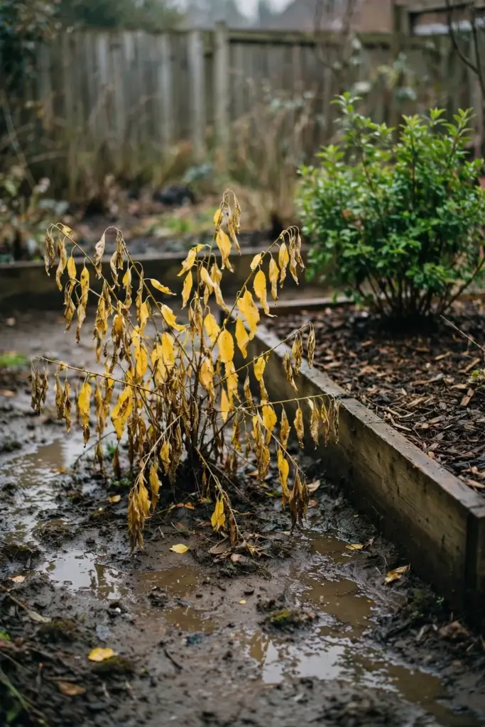 Yellowing native shrub in waterlogged soil beside a raised bed