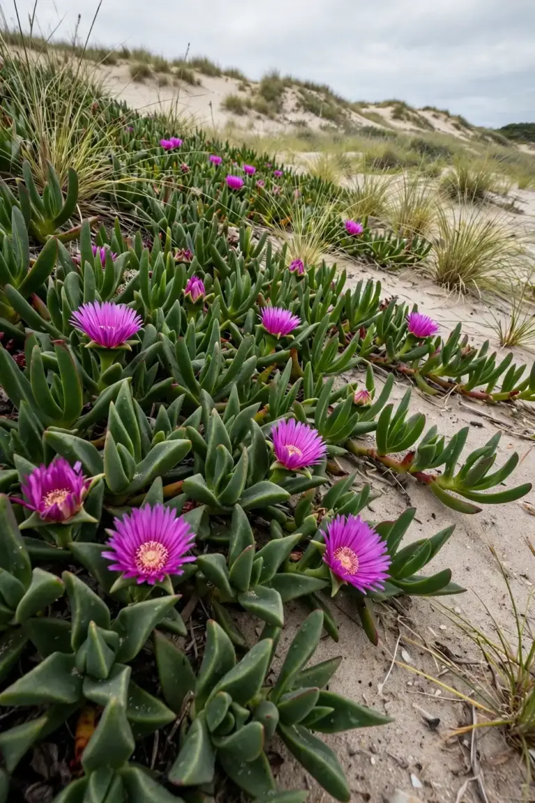 Native pigface groundcover with pink-purple daisy flowers on a coastal dune