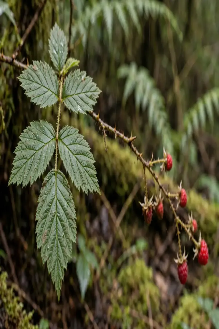 Native raspberry cane with rose-like compound leaves and small red aggregate fruit