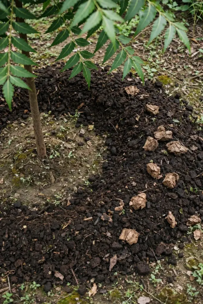 Compost and neem seed cake spread around the base of a young neem