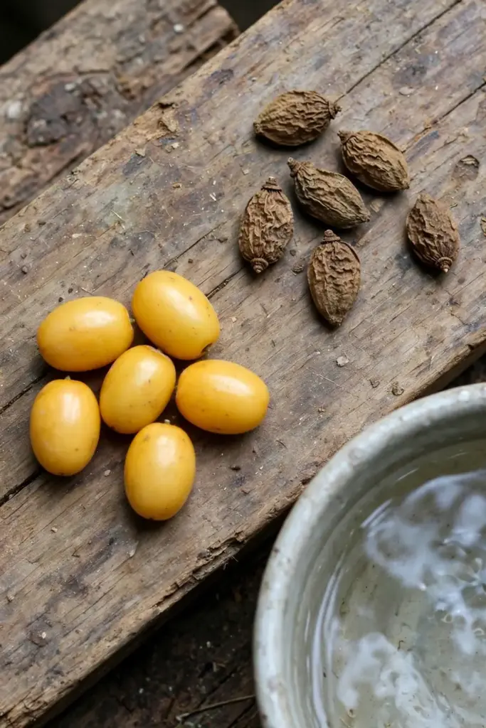 Fresh yellow neem drupes beside shriveled old dried neem seeds