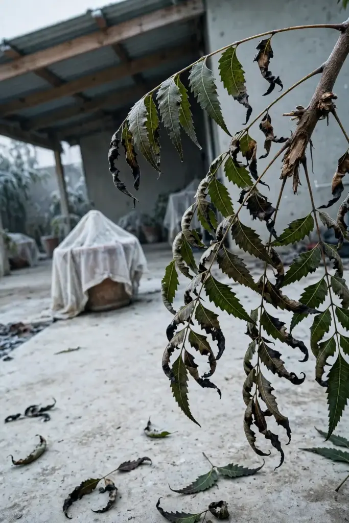 Neem leaves with frost-damaged blackened tips after a cold night