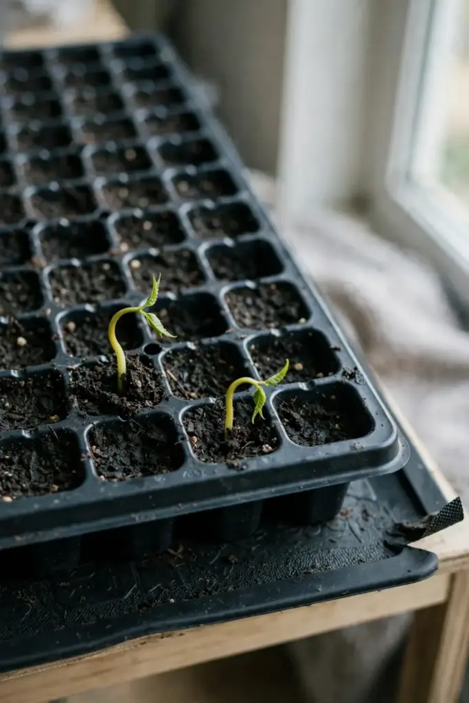 Neem seedlings emerging in a seed tray on a heat mat indoors