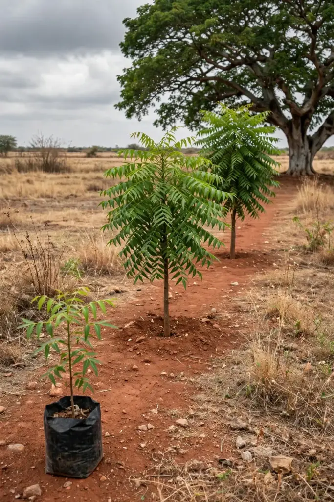 Neem trees at one, three, and many years old in a field row