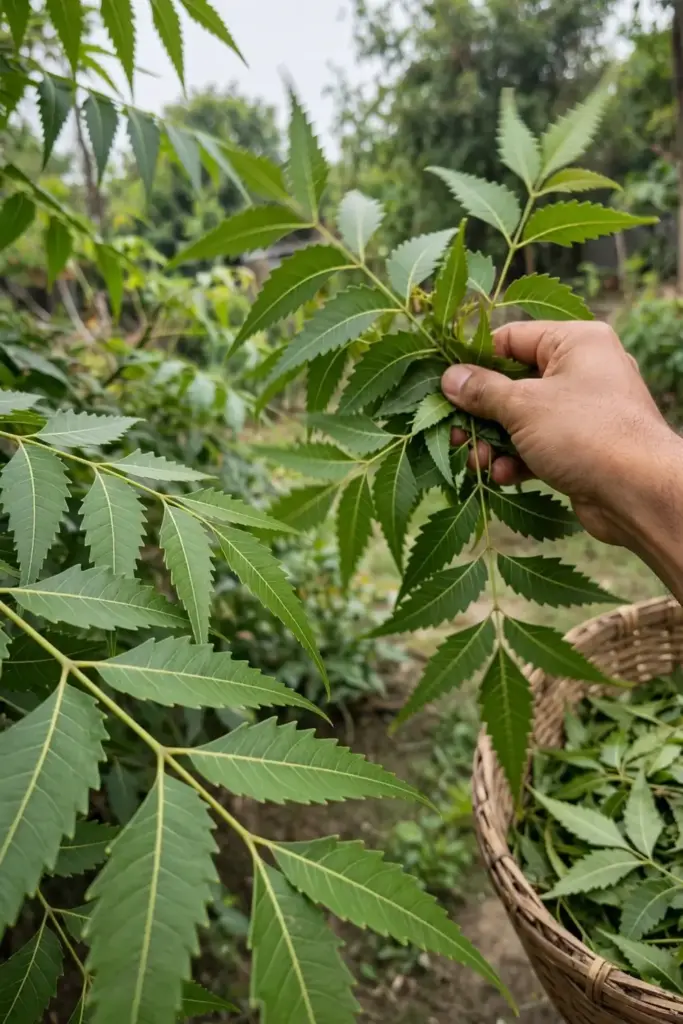 Harvesting mature neem leaves by hand into a woven basket