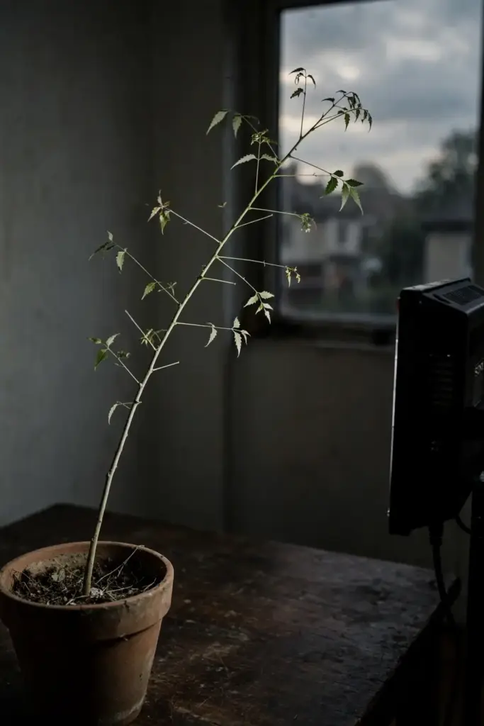 Leggy pale neem seedling stretching toward a dim indoor window