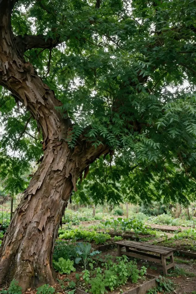 Mature neem tree casting deep shade over a garden