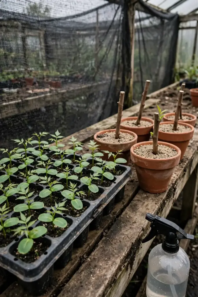 Neem seedlings in nursery cells beside hardwood cuttings in sand