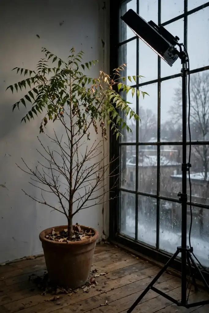 Potted neem tree by a bright window with a grow light in winter