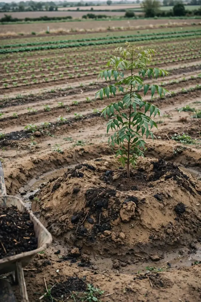 Young neem planted on a raised sandy mound in heavy clay ground