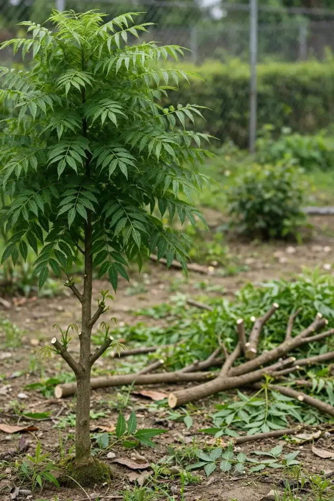 Young neem tree with a clean trunk and branching canopy after pruning
