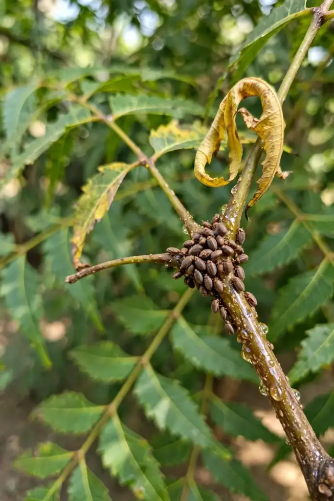Macro view of brown scale insects clustered on a neem stem