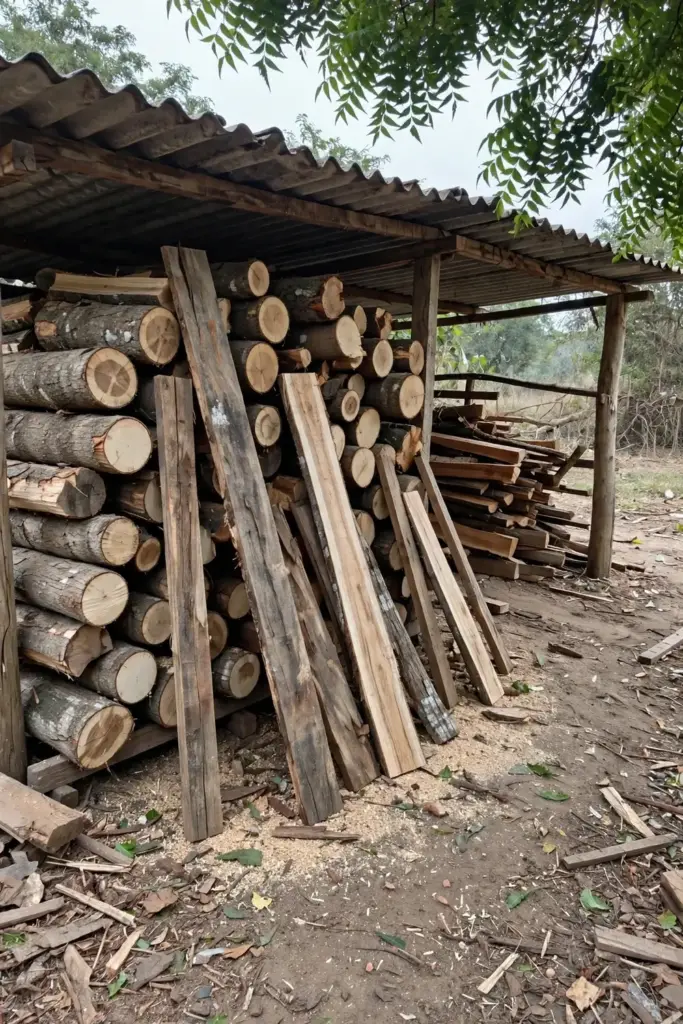 Stacked neem logs and planks under a tin shelter