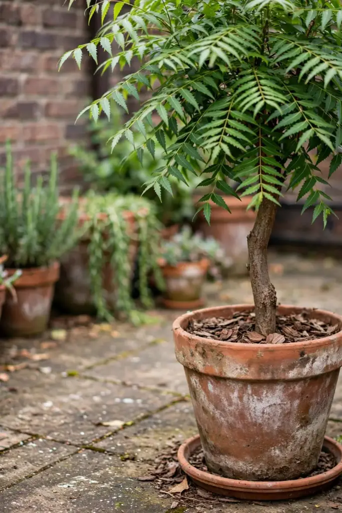 Young neem tree in a large terracotta pot on a sunny patio