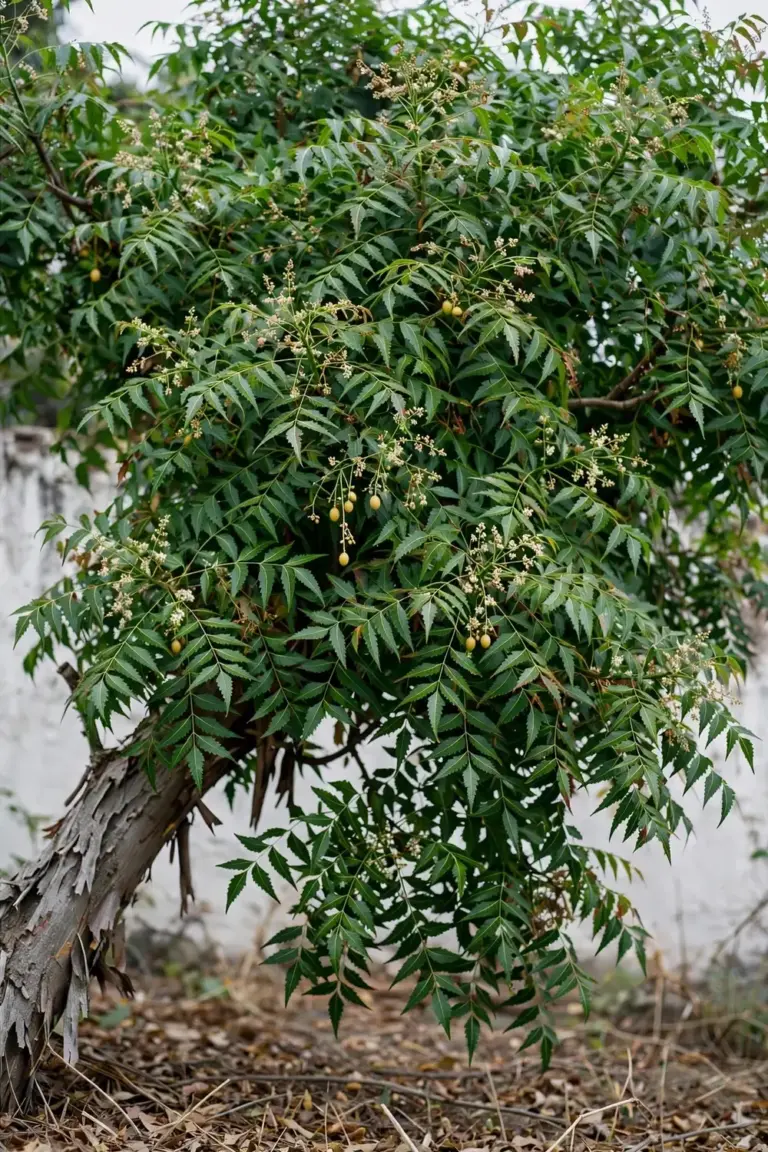 Mature neem tree with a broad evergreen canopy of pinnate leaves