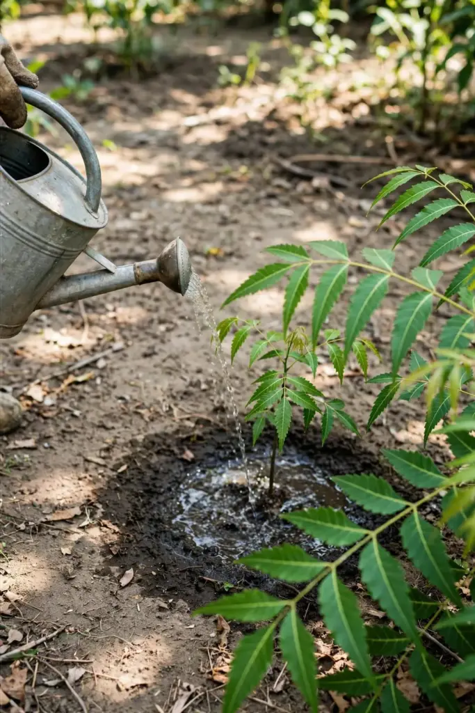 Watering a young neem tree with a metal watering can