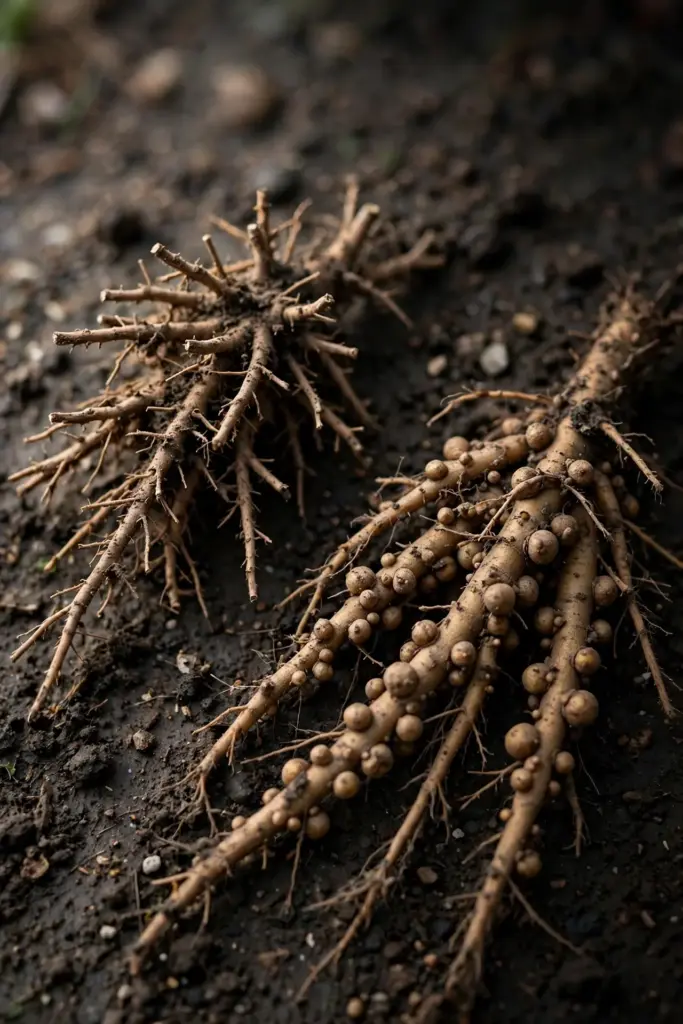 Two washed root masses side by side, one stubby tipped and one covered in galls.