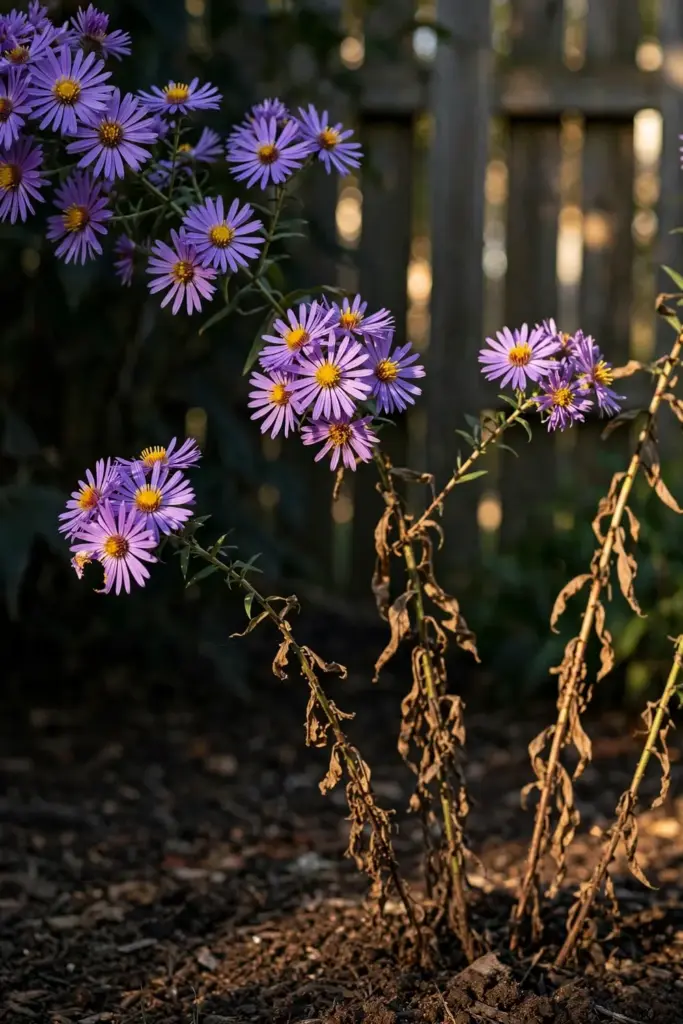 Tall New England aster spray with violet-purple blooms against a garden fence