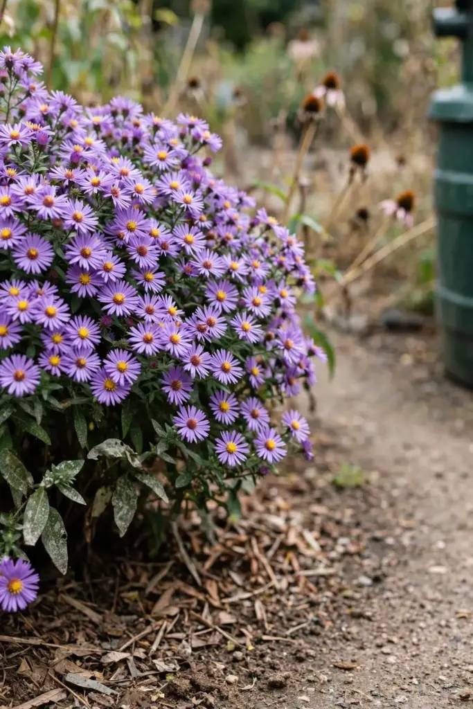 New England aster clump covered in purple September flowers beside a path