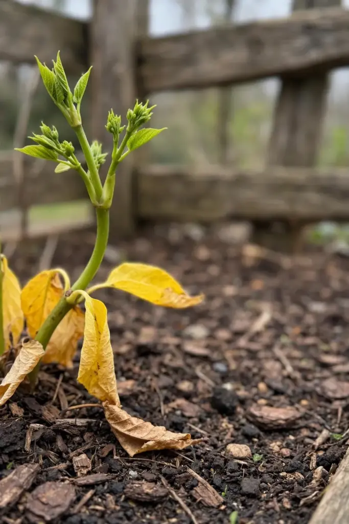 New green shoot tips opening above older yellow leaves