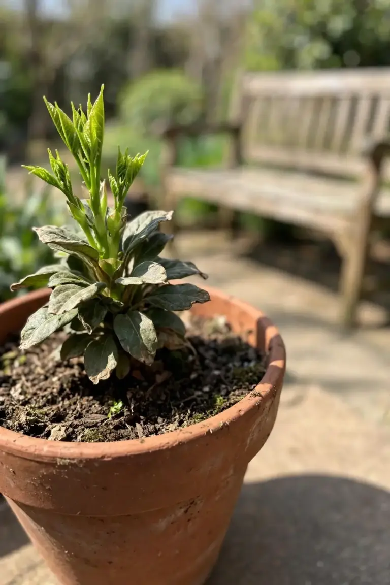 Potted plant pushing out fresh green growth after recovery